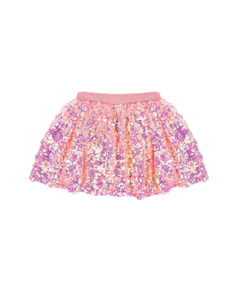 Girls' hot pink sequin skirt with iridescent multicolor shimmer and elastic waistband