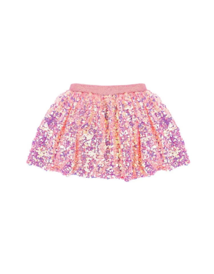 Girls' hot pink sequin skirt with iridescent multicolor shimmer and elastic waistband