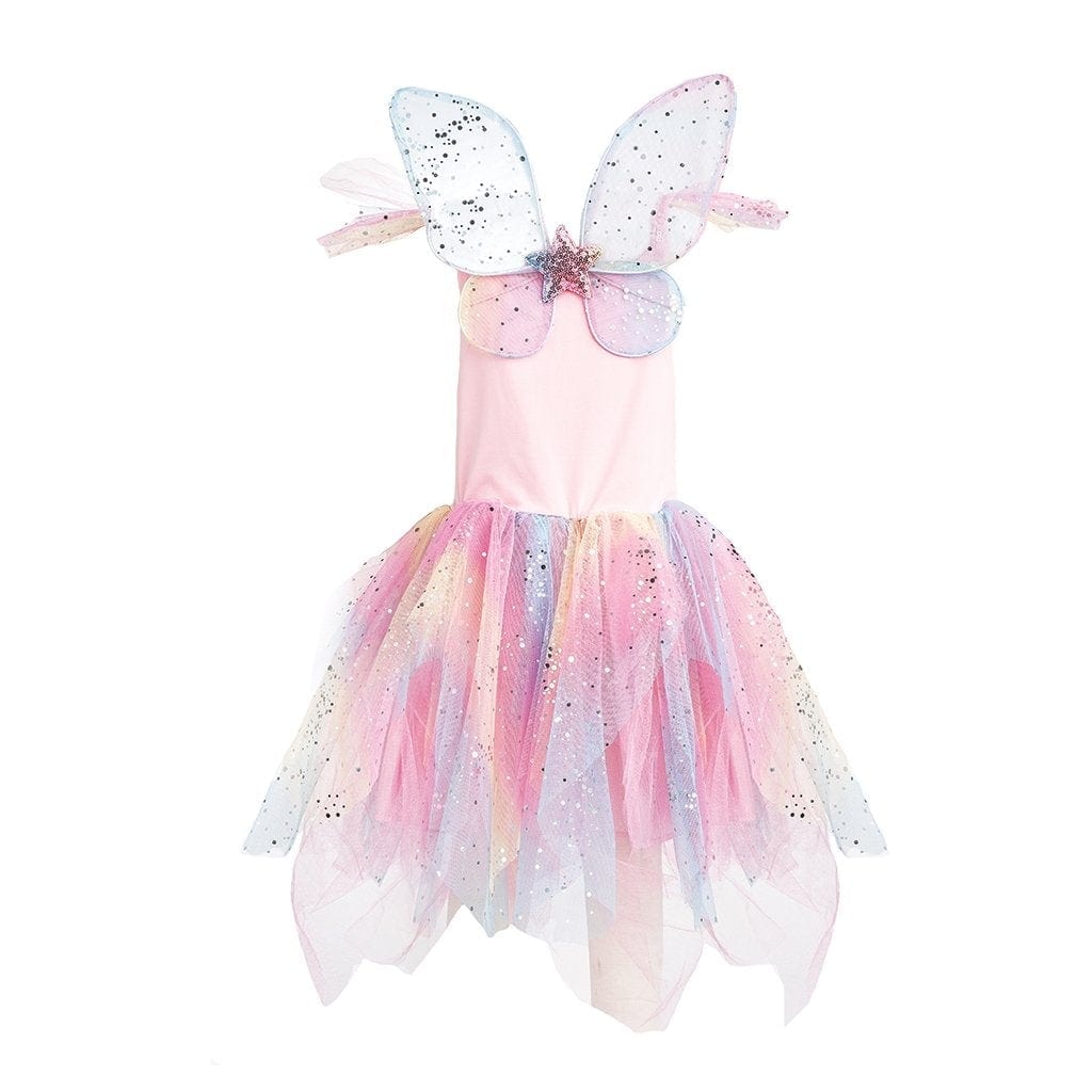 Rainbow fairy costume dress with glittery tutu skirt and butterfly wings for children.