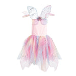 Rainbow fairy costume dress with glittery tutu skirt and butterfly wings for children.