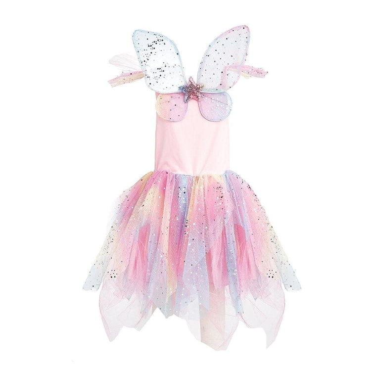 Rainbow fairy costume dress with glittery tutu skirt and butterfly wings for children.