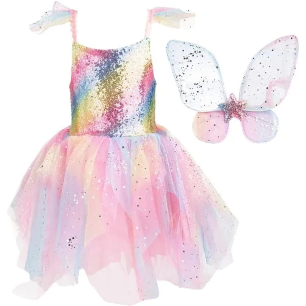 Rainbow sequin fairy dress with pastel tulle skirt and glitter butterfly wings costume set