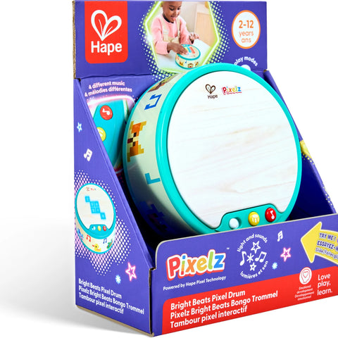 Hape Pixelz Bright Beats Pixel Drum toy in teal packaging for ages 2-12