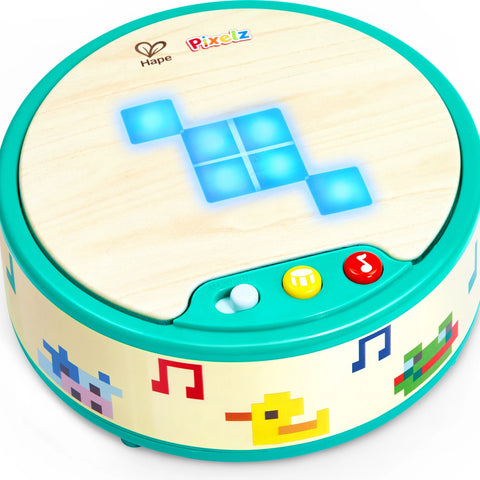 Hape Pixelz Bright Beats Pixel Drum toy in teal packaging for ages 2-12