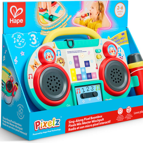 Hape Pixelz Sing-Along Pixel Boombox toy with microphone in colorful packaging for ages 2-6