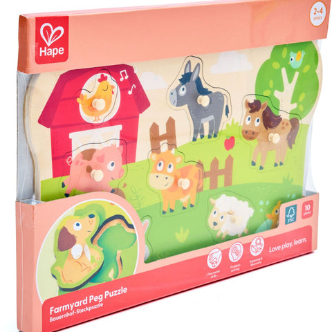 Hape Farmyard Peg Puzzle showing farm animals including pig, cow, horse, donkey, sheep, and chicken