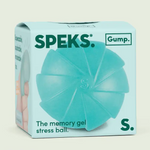 Speks memory gel stress ball packaging with a light blue background