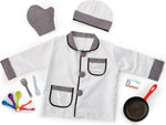 Children's chef dress-up set with white coat, hat, oven mitt, pan, and kitchen accessories