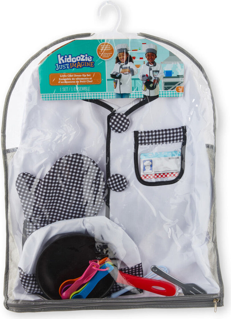 Kidoozie Just Imagine Little Chef Dress-Up Set in clear zip bag with apron, oven mitt, hat, and accessories