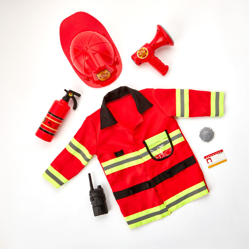 Children's firefighter dress-up set including red jacket, helmet, toy extinguisher, walkie-talkie, megaphone, badge, and I...