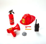 Toy firefighter set including helmet, extinguisher, megaphone, walkie-talkie, badge, and ID card.
