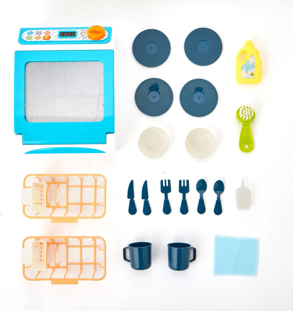 Magic Rinse toy dishwasher playset with blue appliance, plates, cutlery, cups, racks, and accessories laid out.