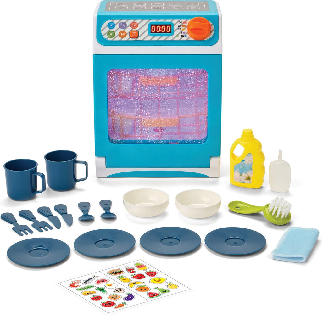 Magic Rinse toy dishwasher playset in teal with plates, cups, utensils, and accessories