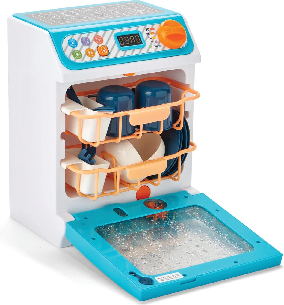 Magic Rinse toy dishwasher with open door revealing play dishes, cups, and bubbly water tray
