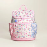 Itzy Ritzy pink floral backpack with ribbon bows and blue toile side pockets