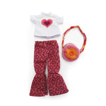 Groovy Girls doll outfit set with white heart tee, leopard print flare pants, and pink flower crossbody bag