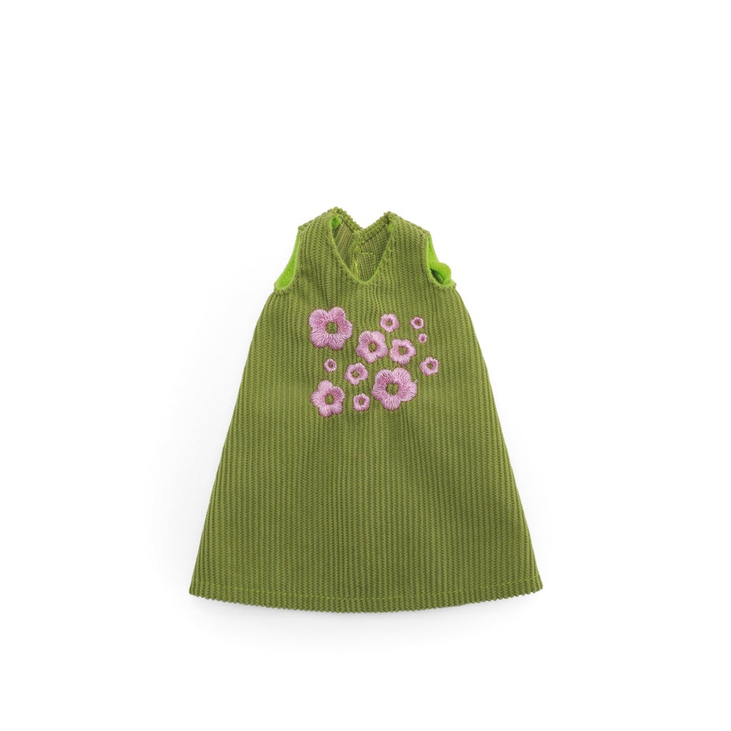 Groovy Girls green corduroy sleeveless doll dress with pink embroidered flower details