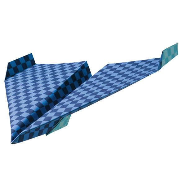 Blue checkered patterned paper airplane folded in sleek aerodynamic design from Klutz book