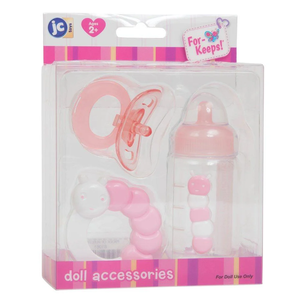 PINK Bottle Rattle and Pacifier Accessory Gift Set 3-Pieces | Fits Most Dolls | Ages 2+ - 1