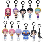 KPop Demon Hunters blind bag keychain collectibles showing 11 numbered character figures including Mira, Rumi, Zoey, and o...