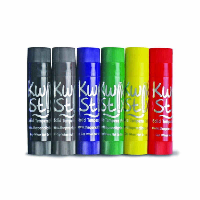 Six Kwikstix solid tempera paint sticks in classic colors: gray, black, blue, green, yellow, and red.
