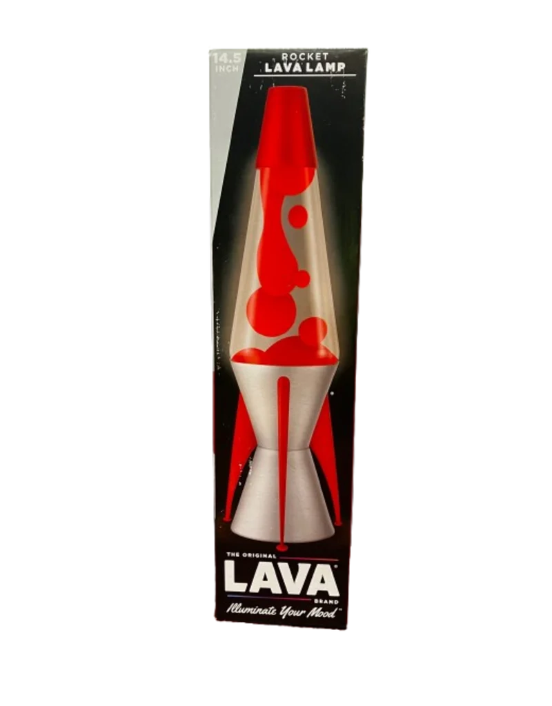 Lava Brand 14.5-inch Rocket Lava Lamp with red lava and clear liquid in silver base, boxed packaging