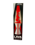 Lava Brand 14.5-inch Rocket Lava Lamp with red lava and clear liquid in silver base, boxed packaging