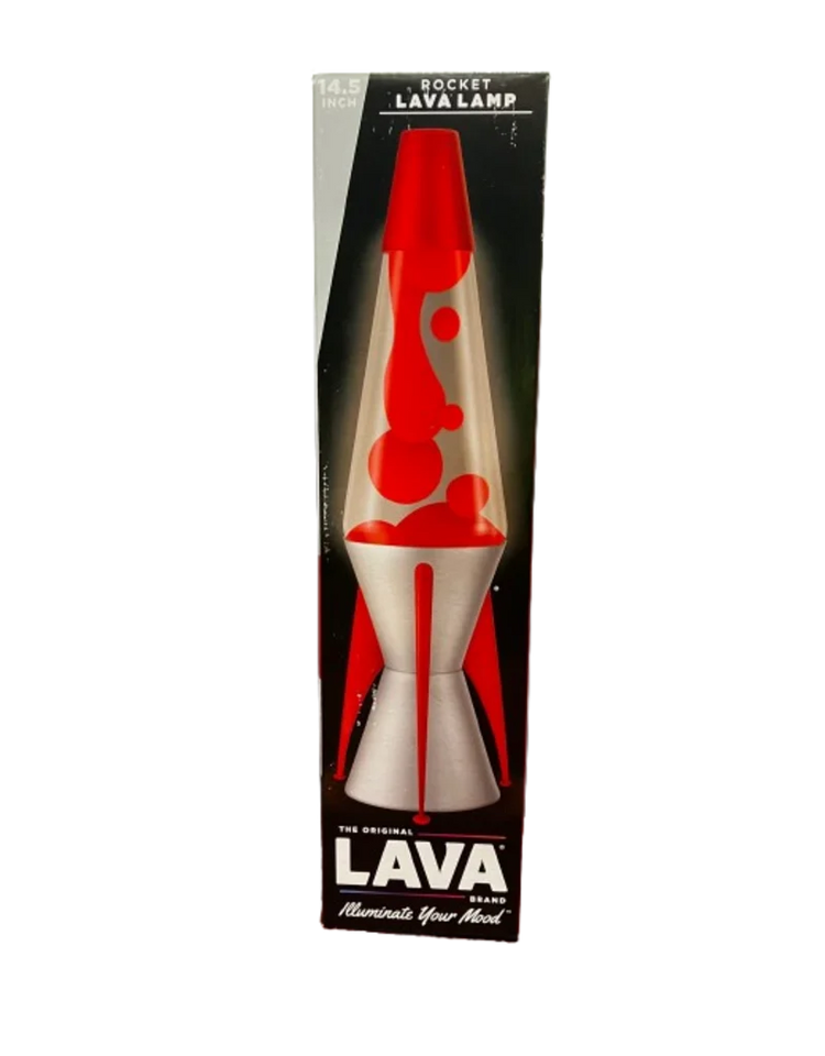 Lava Brand 14.5-inch Rocket Lava Lamp with red lava and clear liquid in silver base, boxed packaging
