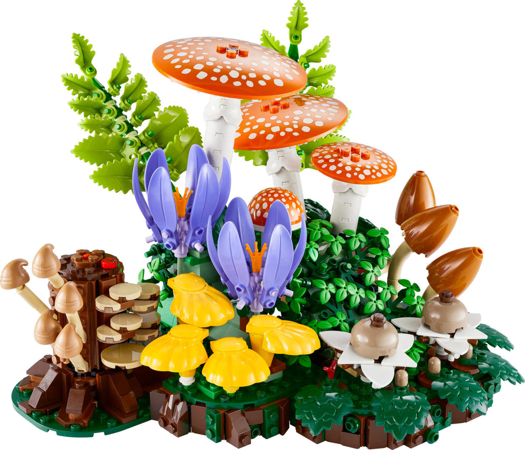 LEGO Botanical Woodland Mushrooms set featuring orange spotted mushrooms, purple flowers, and forest foliage
