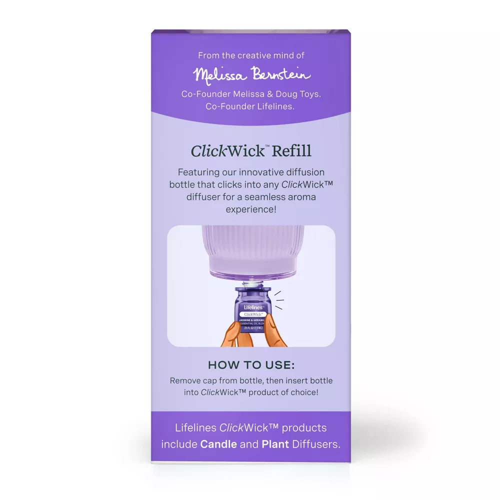 Lifelines ClickWick Refill box in purple showing Jasmine and Geranium essential oil blend instructions