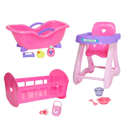 For Keeps | Baby Doll Crib, High Chair and Bathtub Bundle for Dolls up to 11