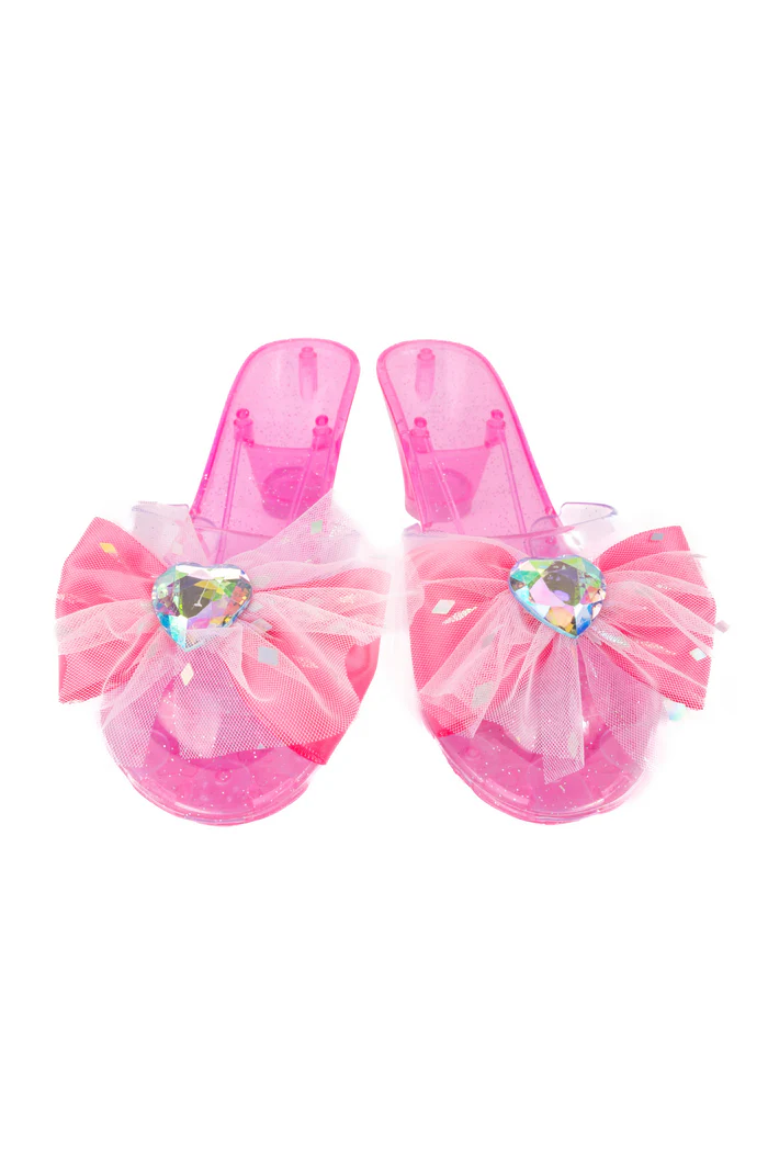 Pink glitter jelly slide heels with tulle bow and iridescent heart gemstone embellishment