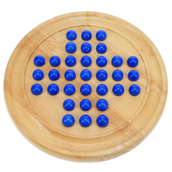 Solitaire | Wood Board & Blue Glass Marbles | 9 Inch Game - 1