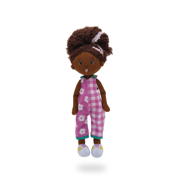 Groovy Girls doll wearing pink gingham floral jumpsuit with curly brown hair and sneakers