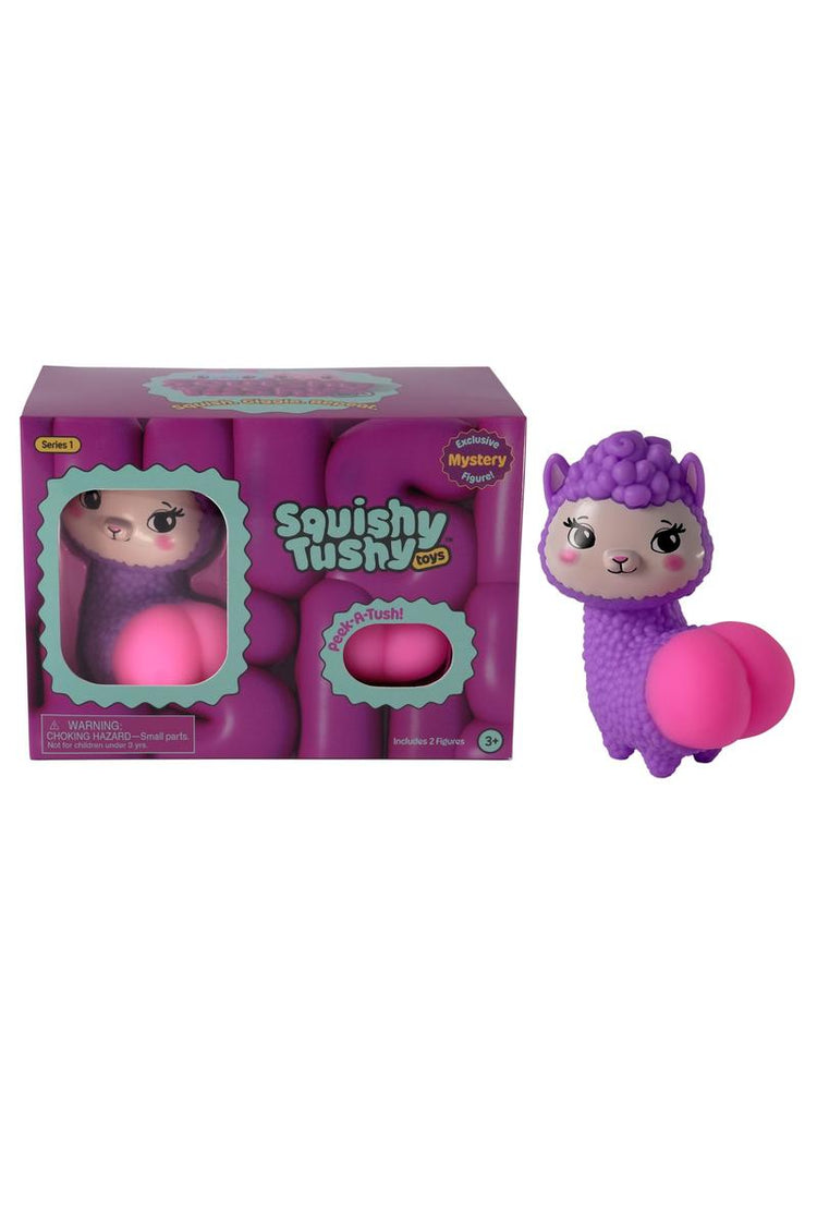 Squishy Tushy Series 1 double pack featuring purple llama figure with pink squishy bottom