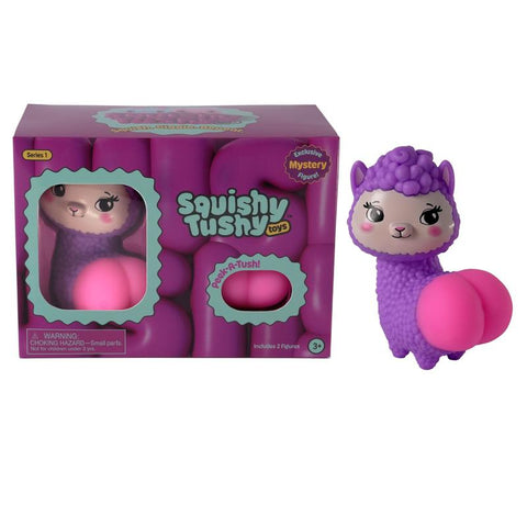 Squishy Tushy Series 1 double pack featuring purple llama figure with pink squishy bottom