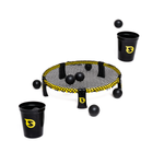 Spikepong mini game set with black and yellow net, black cups, and black balls on white background