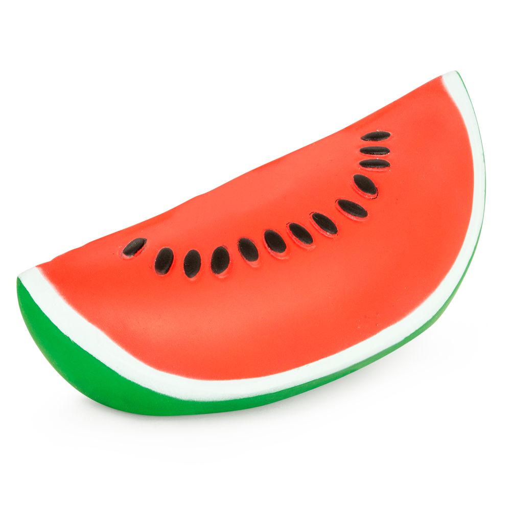 Jumbo squishy watermelon slice toy with red flesh, black seeds, and green rind