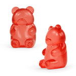 Two red translucent gummy bear shaped toys shown from front and side angles