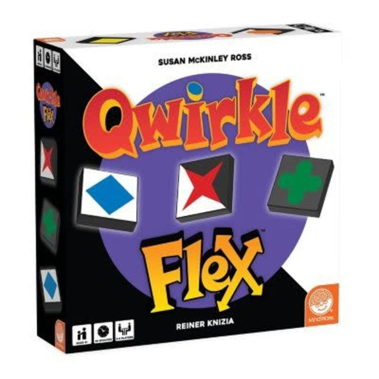 Qwirkle Flex strategy board game box featuring colorful shape tiles by MindWare