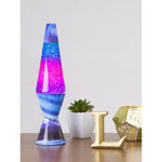 14.5-inch Northern Lights glitter lava lamp with blue base and vibrant pink-purple liquid on wooden shelf