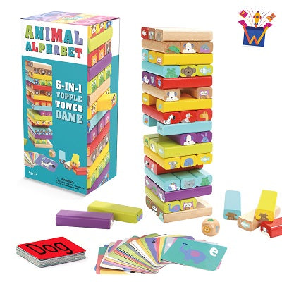 Animal Topple Tower - 6-In-1 Games Set For Ages 3+