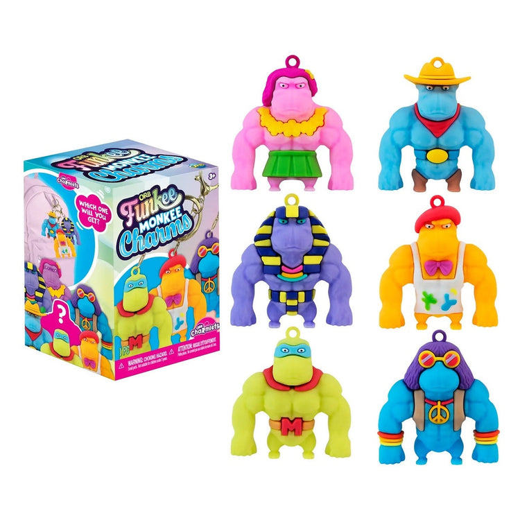 ORB Funkee Monkee Charmlets blind box with six colorful gorilla keychain figures displayed
