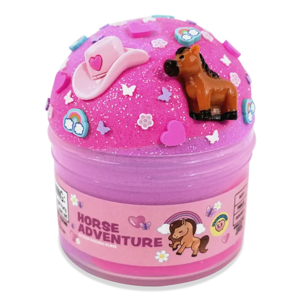 Peachybbies Horse Adventure slime in pink glittery container with horse and cowboy hat decorations