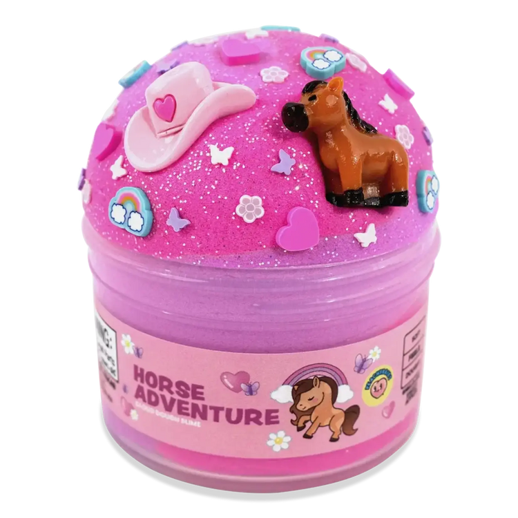 Peachybbies Horse Adventure slime in pink glittery container with horse and cowboy hat decorations