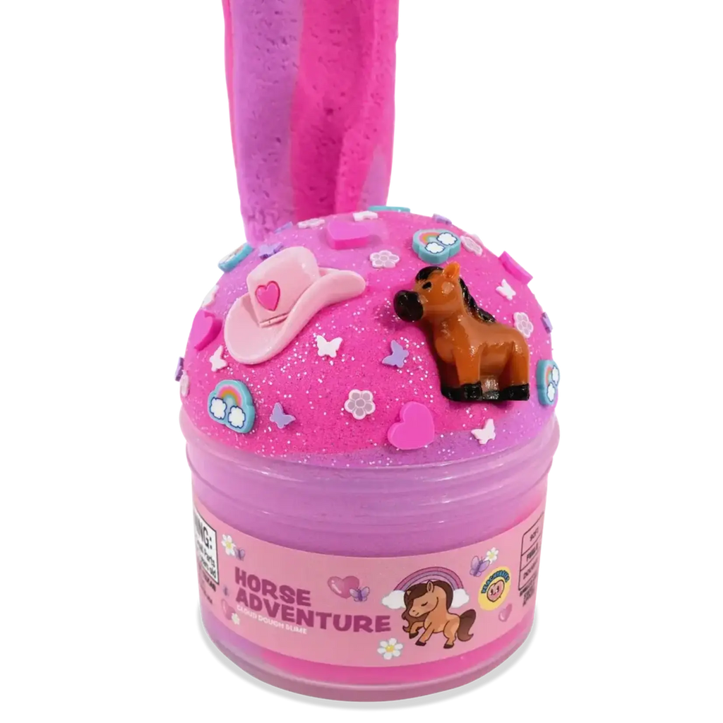 Peachybbies Horse Adventure cloud dough slime jar in pink and purple with horse and cowboy hat charms