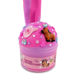 Peachybbies Horse Adventure cloud dough slime jar in pink and purple with horse and cowboy hat charms