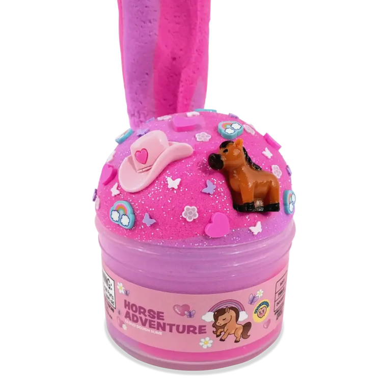 Peachybbies Horse Adventure cloud dough slime jar in pink and purple with horse and cowboy hat charms