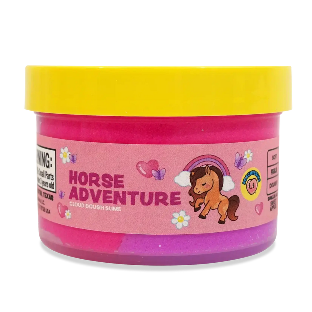 Peachybbies Horse Adventure cloud dough slime in pink and purple container with yellow lid