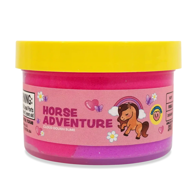 Peachybbies Horse Adventure cloud dough slime in pink and purple container with yellow lid